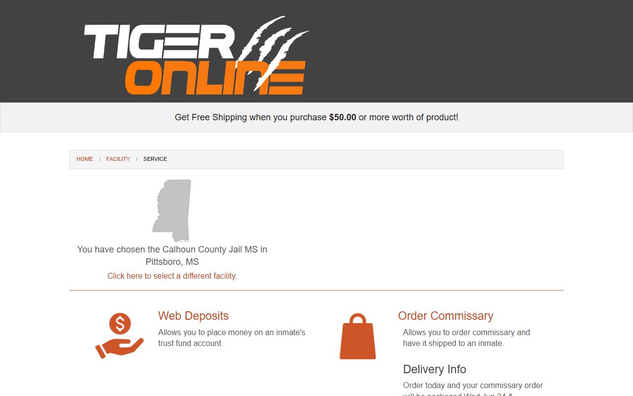 Calhoun County inmate records Tiger Commissary jail services page