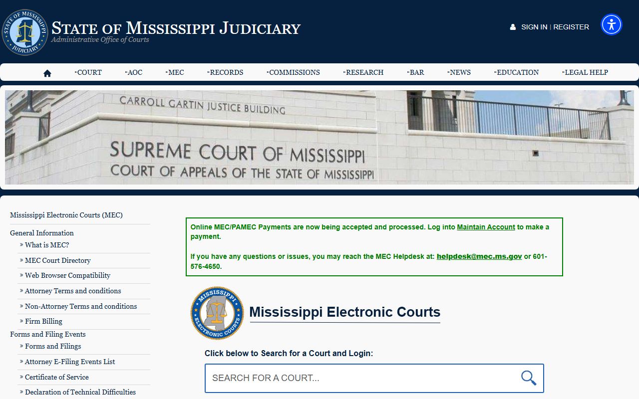 Calhoun County court records after arrest Mississippi Electronic Courts page